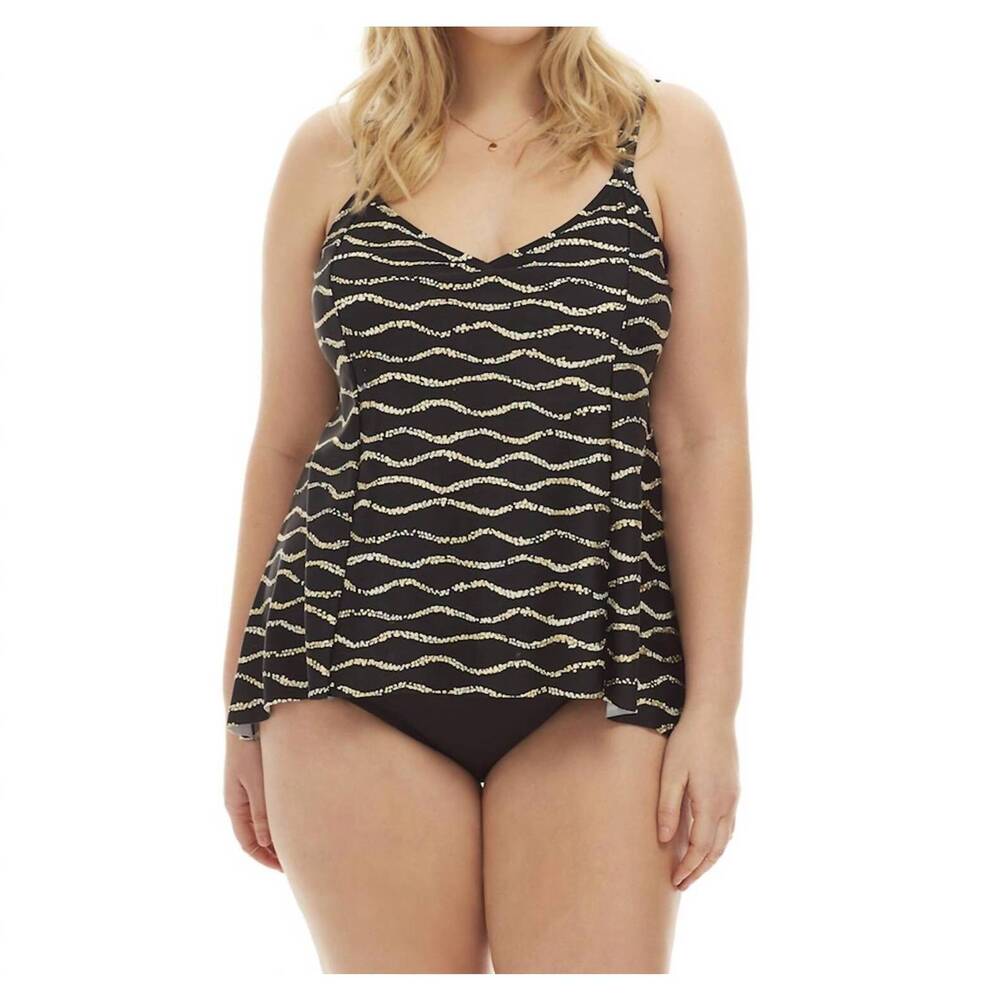 NEW ALWAYS FOR ME sand dune plus size tankini top in black/gold